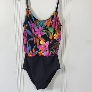 Plus Size Longitude One Piece Black Flowered Swimsuit
